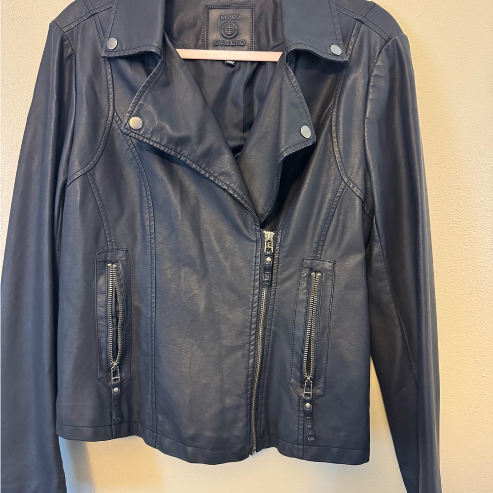 Max Studio Navy Blue Leather Jacket
